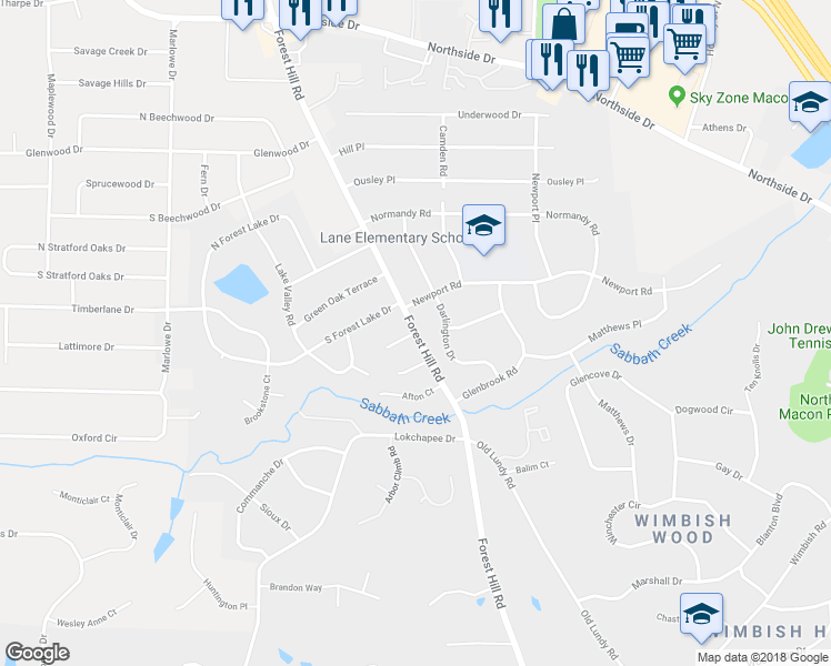 map of restaurants, bars, coffee shops, grocery stores, and more near Forest Hill Road in Macon