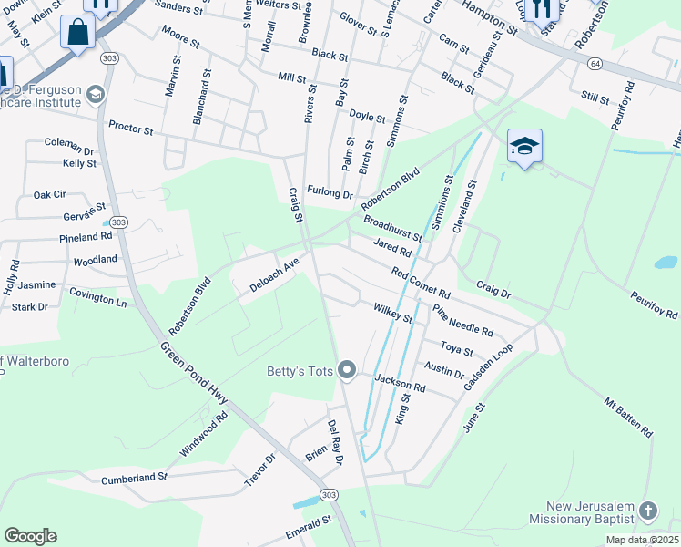 map of restaurants, bars, coffee shops, grocery stores, and more near 113 Madison Street in Walterboro