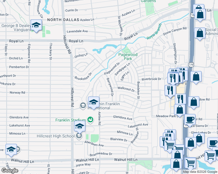 map of restaurants, bars, coffee shops, grocery stores, and more near 10507 Barrywood Drive in Dallas