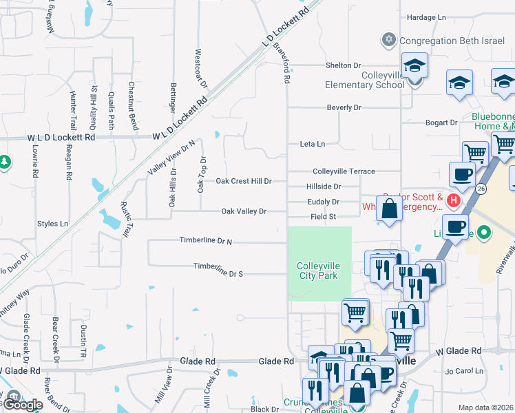 map of restaurants, bars, coffee shops, grocery stores, and more near 304 Oak Valley Drive in Colleyville