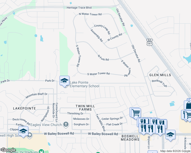 map of restaurants, bars, coffee shops, grocery stores, and more near 8900 South Water Tower Road in Fort Worth