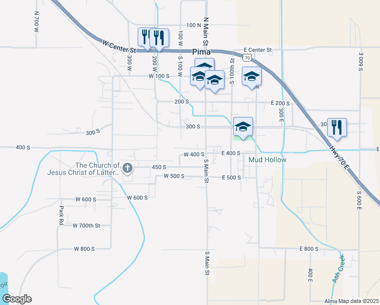 map of restaurants, bars, coffee shops, grocery stores, and more near 62 West 400 South in Pima
