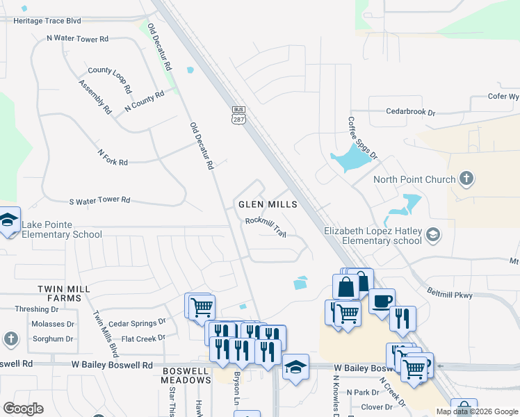 map of restaurants, bars, coffee shops, grocery stores, and more near 9109 Glen Mills Trail in Fort Worth