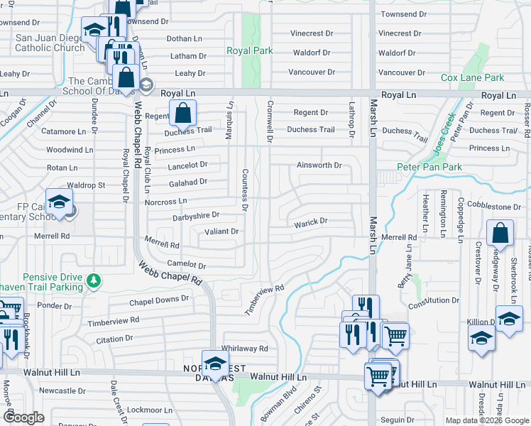 map of restaurants, bars, coffee shops, grocery stores, and more near 10439 Cromwell Drive in Dallas