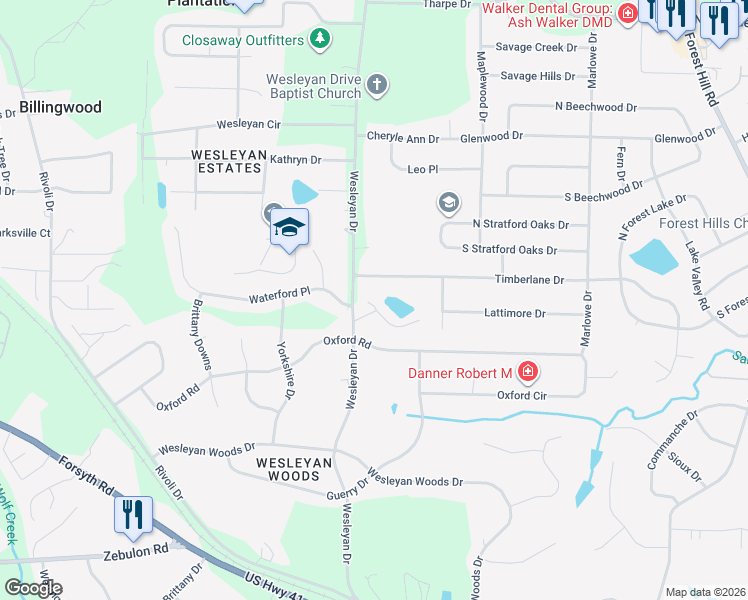map of restaurants, bars, coffee shops, grocery stores, and more near 203 Oberon Lane in Macon