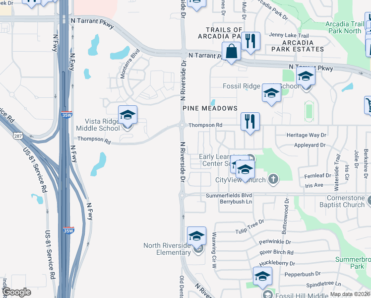 map of restaurants, bars, coffee shops, grocery stores, and more near 8100 Lead Circle in Fort Worth