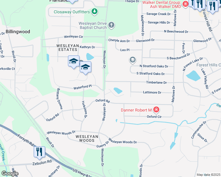 map of restaurants, bars, coffee shops, grocery stores, and more near 203 Oberon Lane in Macon