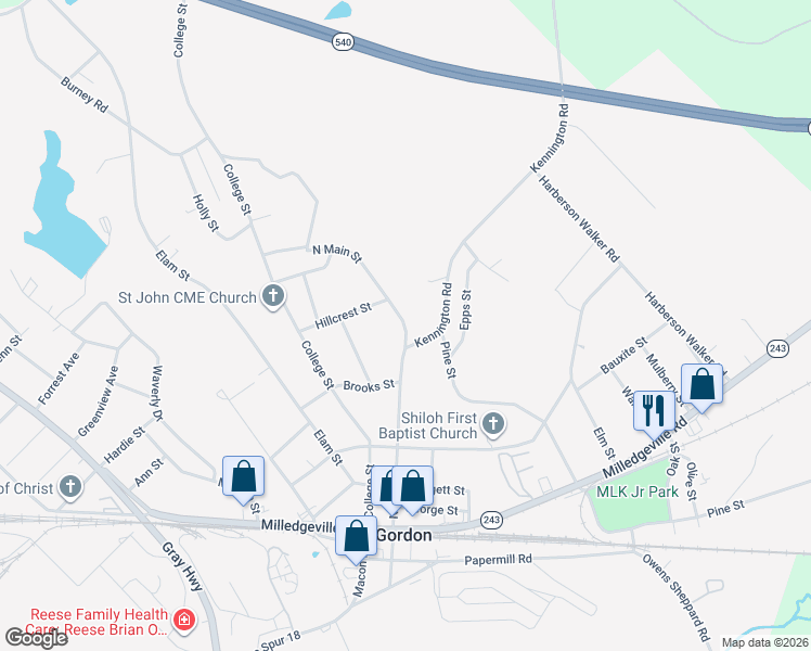 map of restaurants, bars, coffee shops, grocery stores, and more near 154 North Main Street in Gordon
