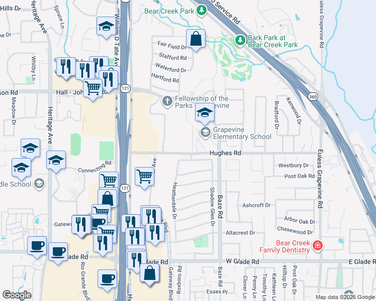 map of restaurants, bars, coffee shops, grocery stores, and more near 4452 Timber Crest Court in Grapevine