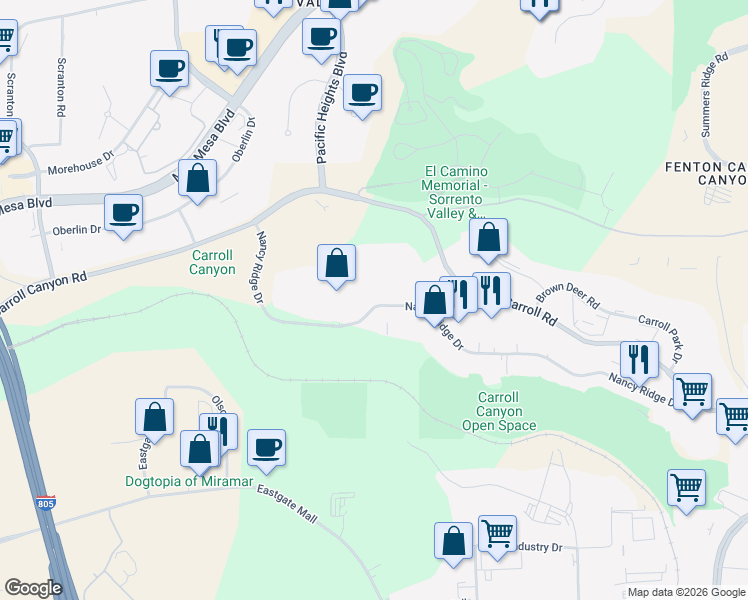 map of restaurants, bars, coffee shops, grocery stores, and more near 6122 Nancy Ridge Drive in San Diego