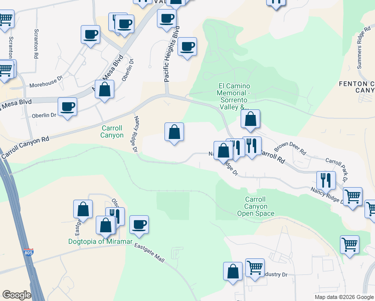 map of restaurants, bars, coffee shops, grocery stores, and more near 6110 Nancy Ridge Drive in San Diego