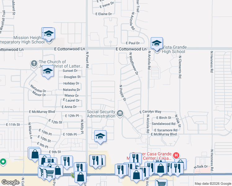 map of restaurants, bars, coffee shops, grocery stores, and more near 1458 North Desert Willow Street in Casa Grande