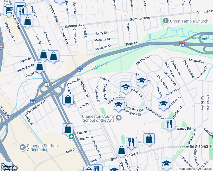 map of restaurants, bars, coffee shops, grocery stores, and more near 5126 West Dolphin Street in North Charleston