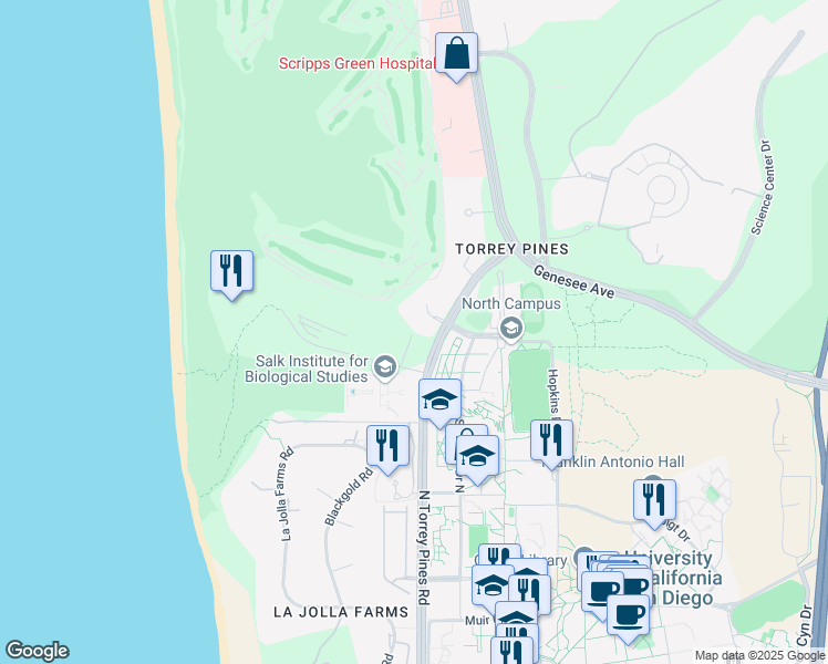 map of restaurants, bars, coffee shops, grocery stores, and more near 2880 Torrey Pines Scenic Drive in San Diego