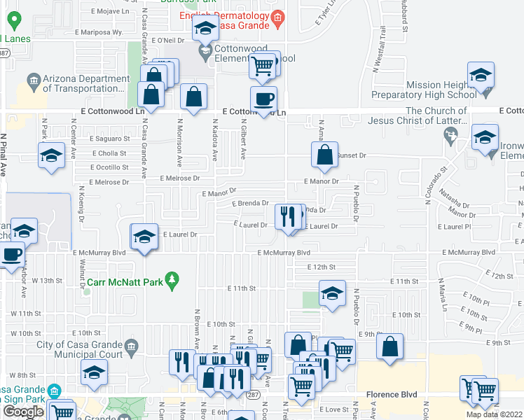 map of restaurants, bars, coffee shops, grocery stores, and more near 773 East Brenda Drive in Casa Grande