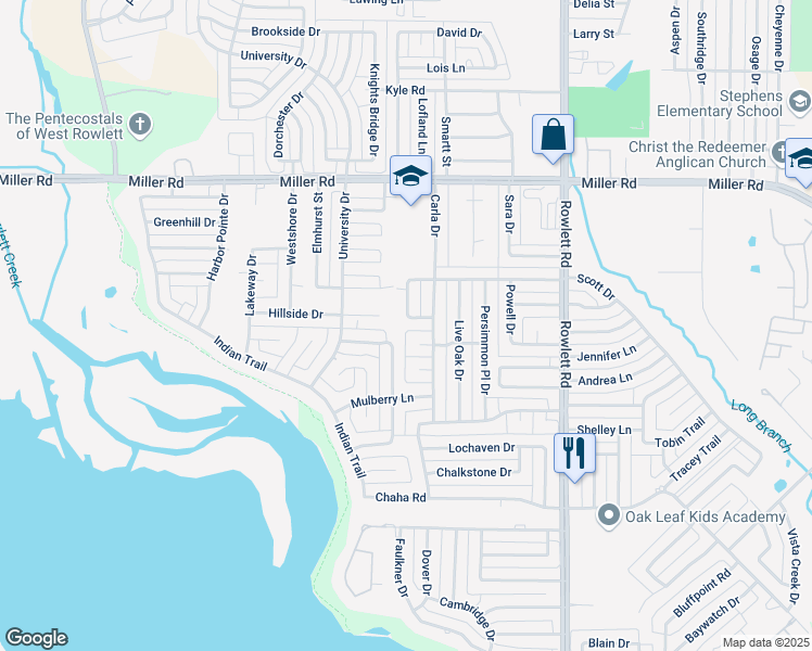 map of restaurants, bars, coffee shops, grocery stores, and more near 3013 Bois D' Arc Lane in Rowlett