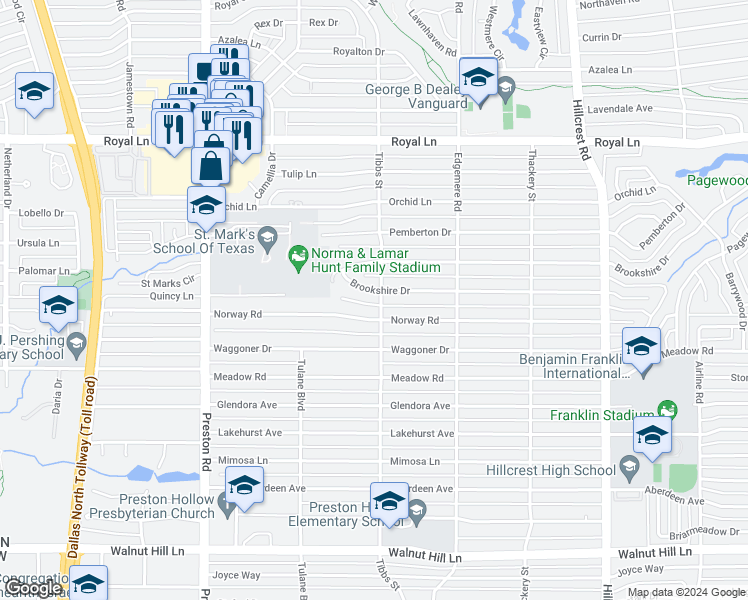 map of restaurants, bars, coffee shops, grocery stores, and more near 6340 Brookshire Drive in Dallas