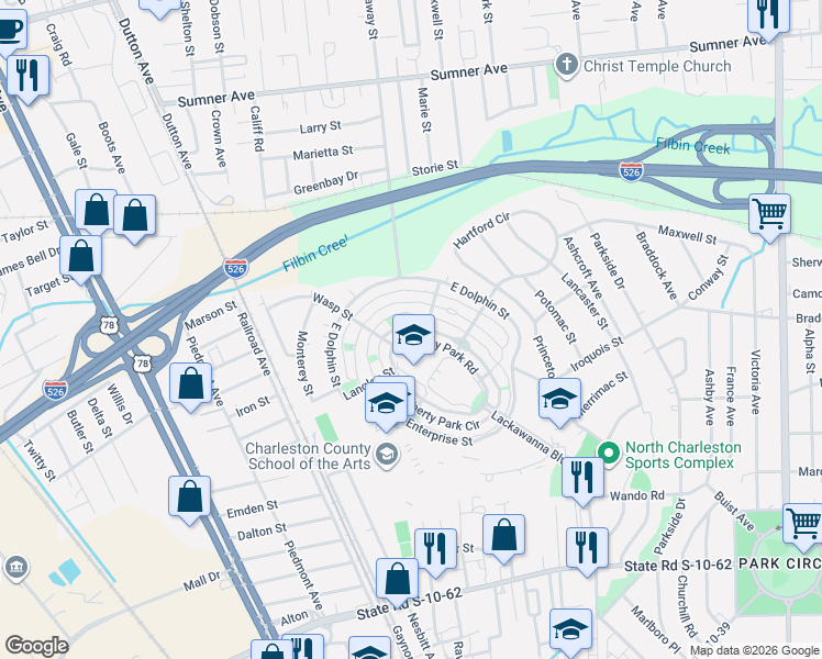map of restaurants, bars, coffee shops, grocery stores, and more near 5094 East Liberty Park Circle in North Charleston