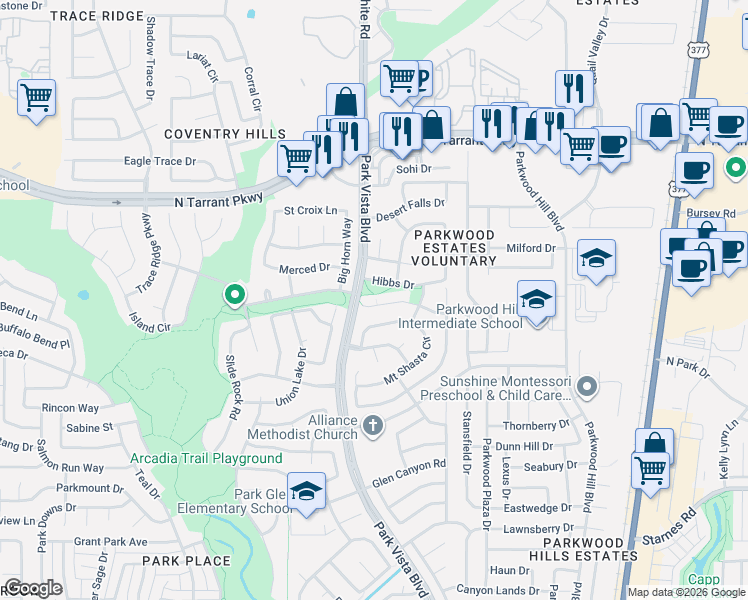 map of restaurants, bars, coffee shops, grocery stores, and more near 5313 Lake Mead Trail in Fort Worth