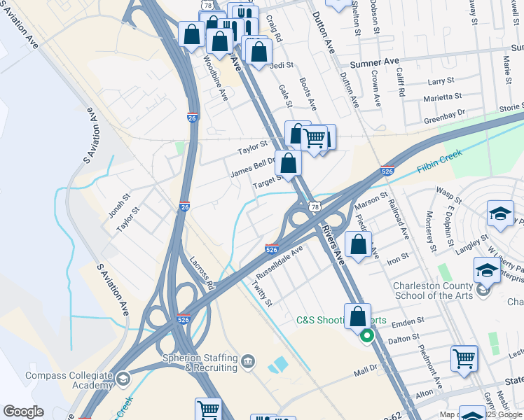 map of restaurants, bars, coffee shops, grocery stores, and more near 2163 Flora Street in North Charleston