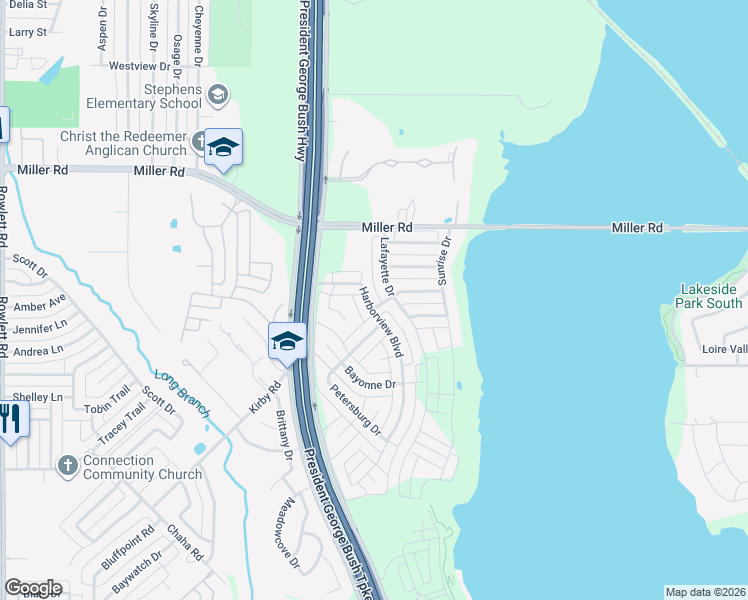 map of restaurants, bars, coffee shops, grocery stores, and more near 3010 Harborview Boulevard in Rowlett