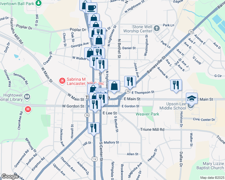 map of restaurants, bars, coffee shops, grocery stores, and more near 207 East Thompson Street in Thomaston