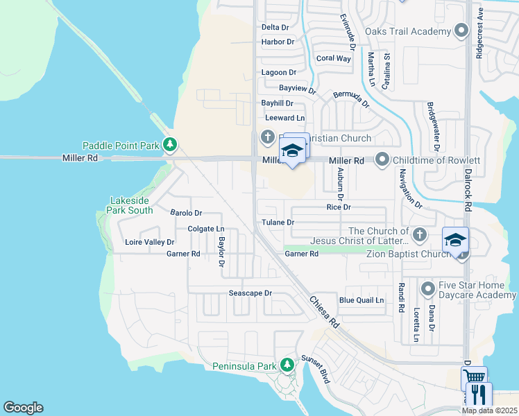 map of restaurants, bars, coffee shops, grocery stores, and more near 7400 Rutgers Circle in Rowlett