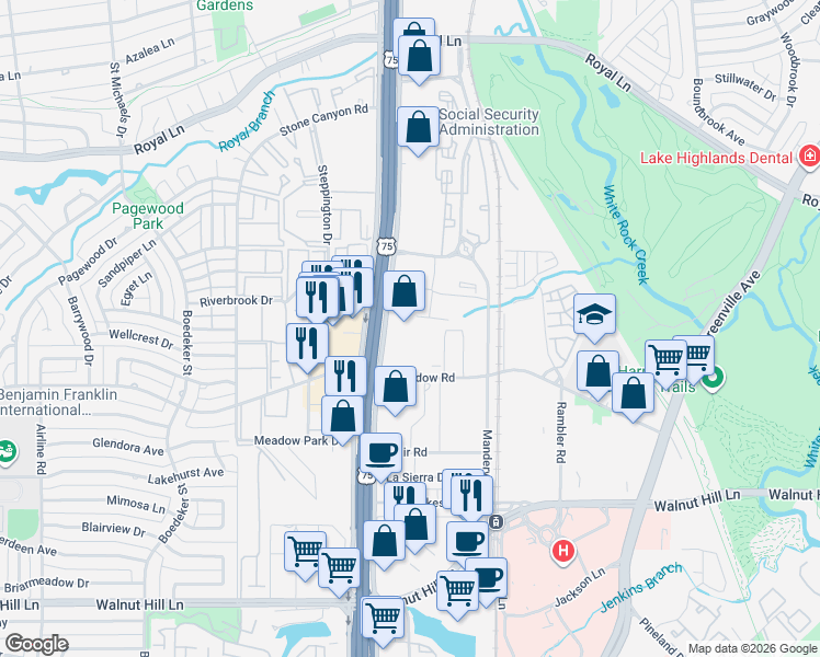 map of restaurants, bars, coffee shops, grocery stores, and more near 10440 North Central Expressway in Dallas