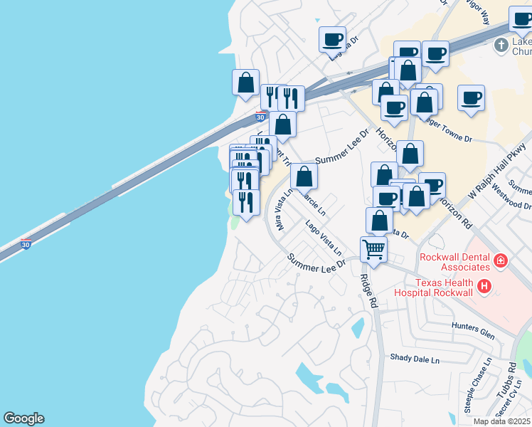 map of restaurants, bars, coffee shops, grocery stores, and more near 2125 Summer Lee Drive in Rockwall