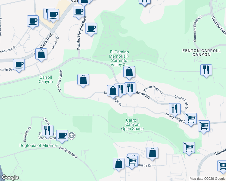 map of restaurants, bars, coffee shops, grocery stores, and more near 6154 Nancy Ridge Drive in San Diego