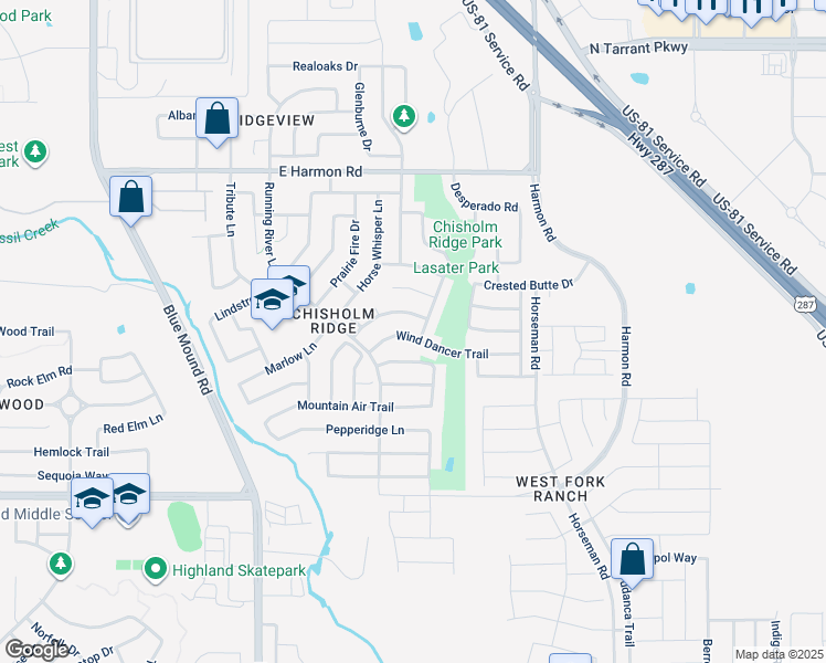 map of restaurants, bars, coffee shops, grocery stores, and more near 1445 Wind Dancer Trail in Fort Worth