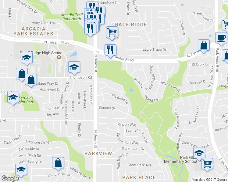 map of restaurants, bars, coffee shops, grocery stores, and more near 4624 Timken Trail in Fort Worth