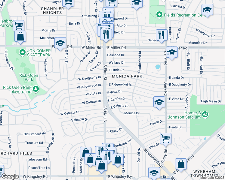 map of restaurants, bars, coffee shops, grocery stores, and more near 113 East Vista Drive in Garland