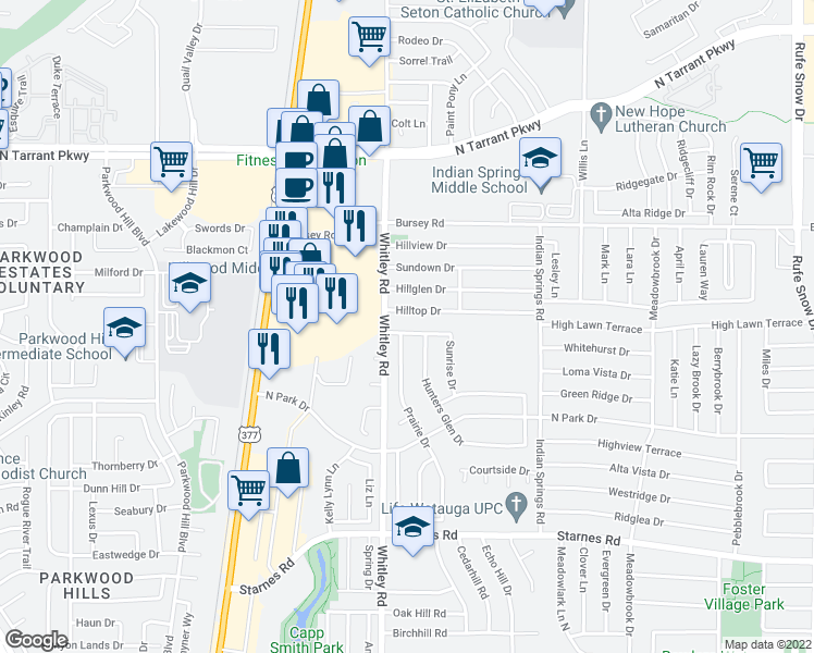 map of restaurants, bars, coffee shops, grocery stores, and more near 6213 Firebird Drive in Watauga
