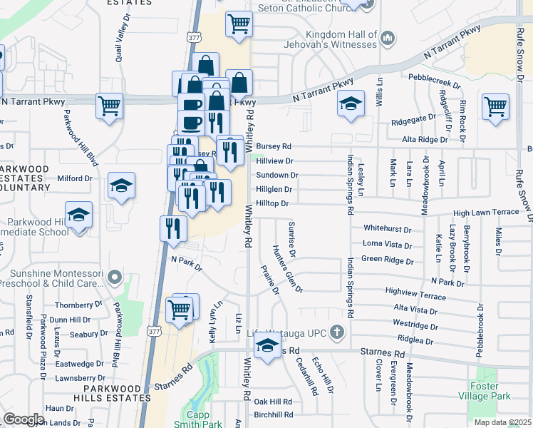 map of restaurants, bars, coffee shops, grocery stores, and more near 6217 Firebird Drive in Watauga