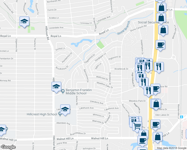 map of restaurants, bars, coffee shops, grocery stores, and more near 7319 Wellcrest Drive in Dallas