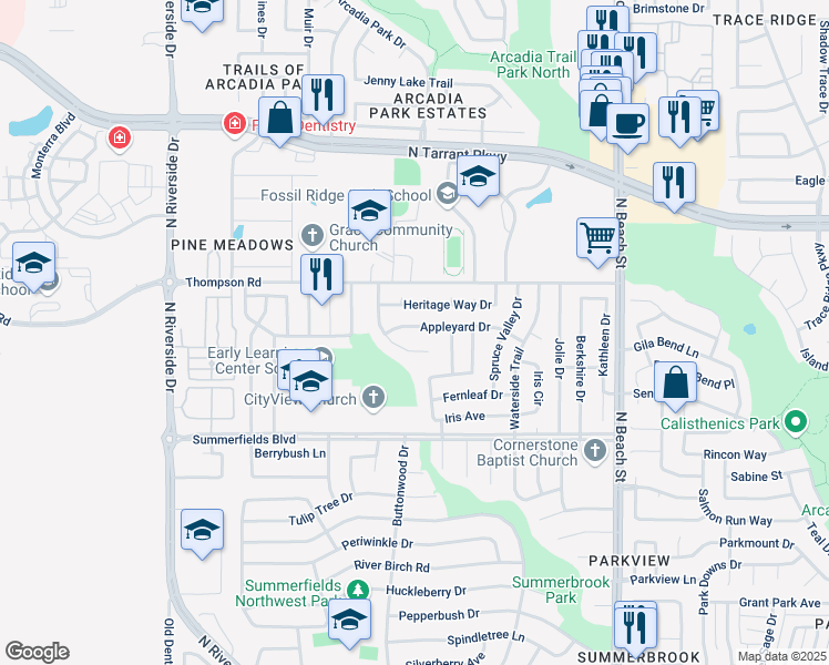 map of restaurants, bars, coffee shops, grocery stores, and more near 4024 Appleyard Drive in Fort Worth
