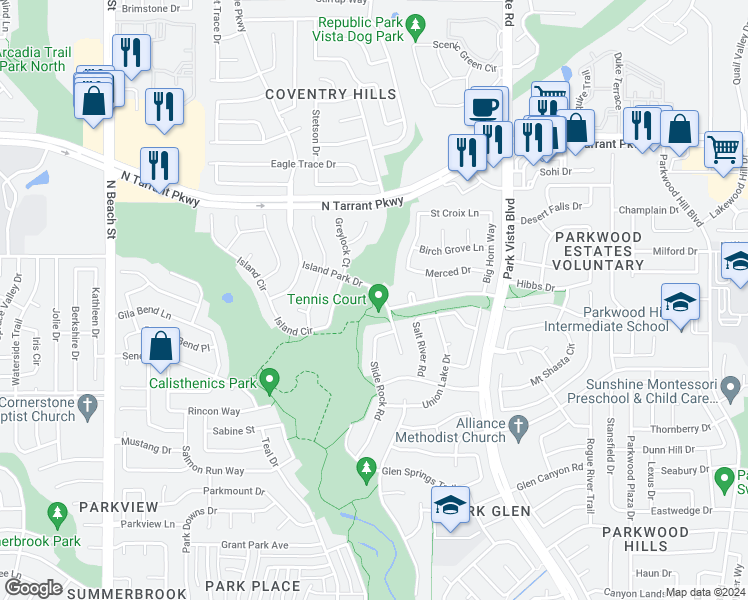 map of restaurants, bars, coffee shops, grocery stores, and more near 8300 Island Park Drive in Fort Worth