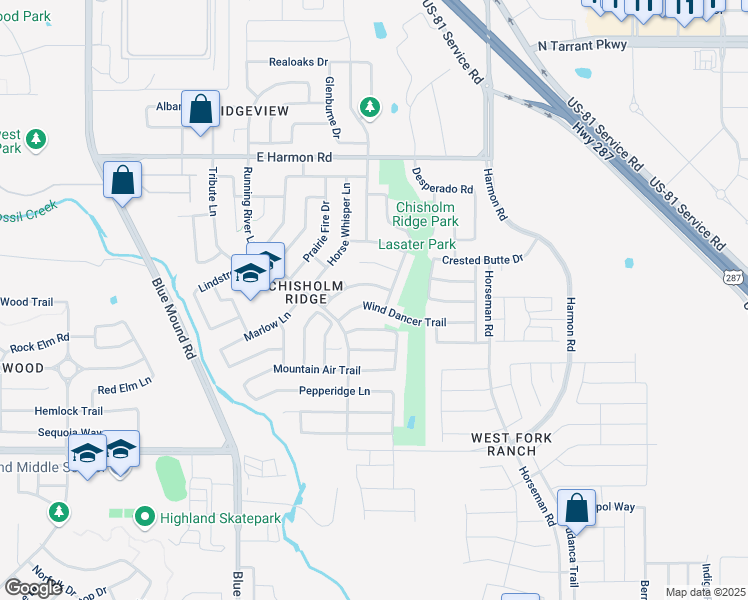 map of restaurants, bars, coffee shops, grocery stores, and more near 1445 Wind Dancer Trail in Fort Worth