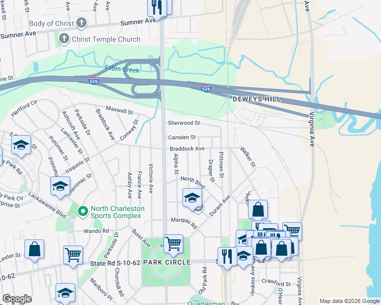 map of restaurants, bars, coffee shops, grocery stores, and more near 5018 Baylor Street in North Charleston