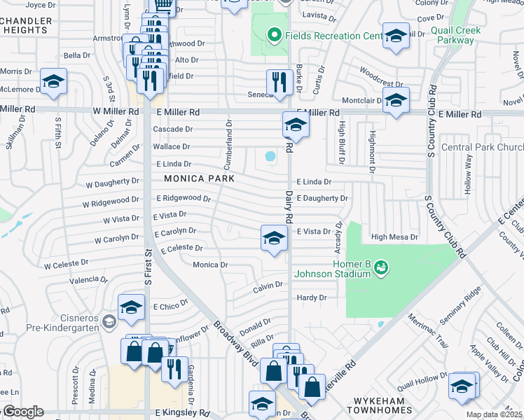 map of restaurants, bars, coffee shops, grocery stores, and more near 627 East Ridgewood Drive in Garland