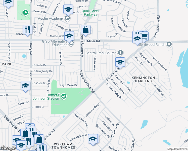 map of restaurants, bars, coffee shops, grocery stores, and more near 1621 East Centerville Road in Garland