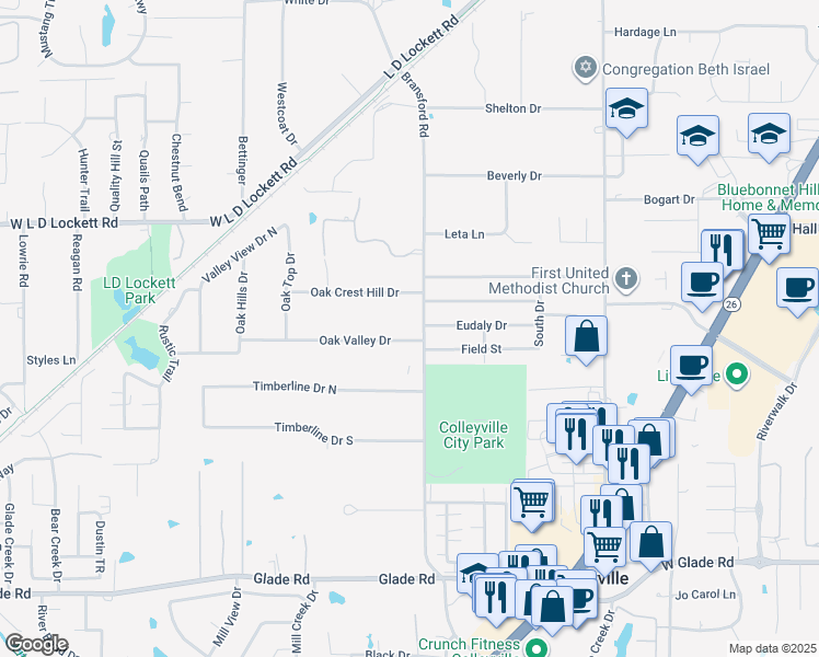 map of restaurants, bars, coffee shops, grocery stores, and more near 316 Oak Valley Drive in Colleyville