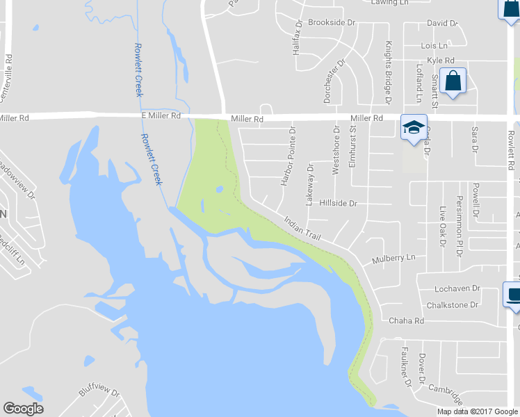 map of restaurants, bars, coffee shops, grocery stores, and more near 1606 Indian Trail in Rowlett