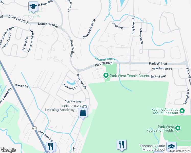 map of restaurants, bars, coffee shops, grocery stores, and more near 3631 Bagley Drive in Mount Pleasant