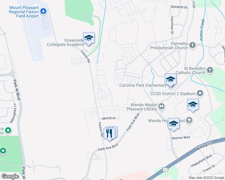 map of restaurants, bars, coffee shops, grocery stores, and more near Yarmouth Drive in Mount Pleasant