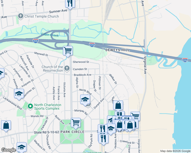 map of restaurants, bars, coffee shops, grocery stores, and more near 5093 Draper Street in North Charleston