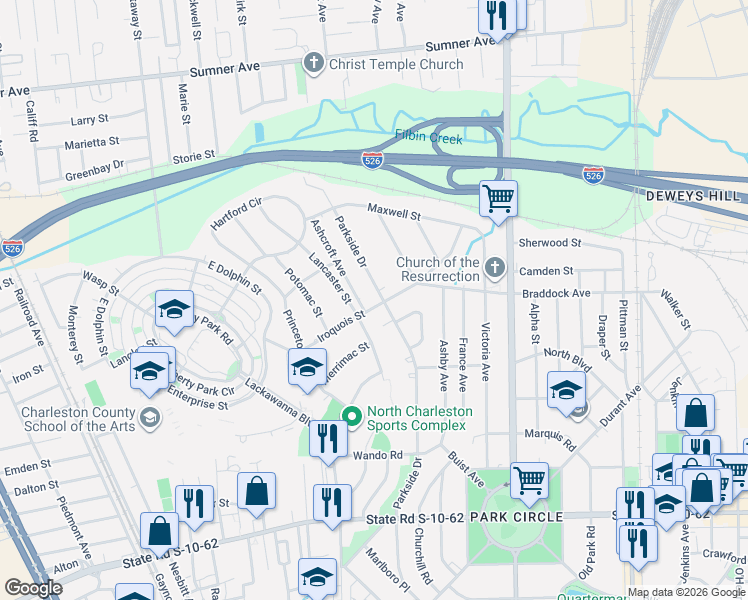 map of restaurants, bars, coffee shops, grocery stores, and more near 5101 Lancaster Street in North Charleston
