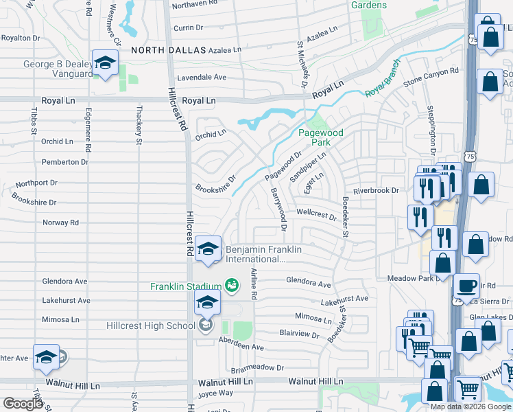 map of restaurants, bars, coffee shops, grocery stores, and more near 10515 Berry Knoll Drive in Dallas