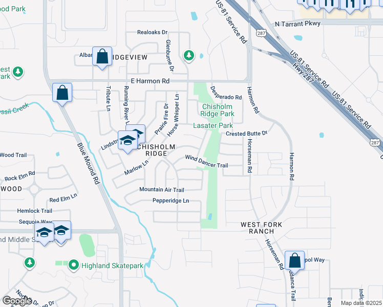 map of restaurants, bars, coffee shops, grocery stores, and more near 1445 Wind Dancer Trail in Fort Worth